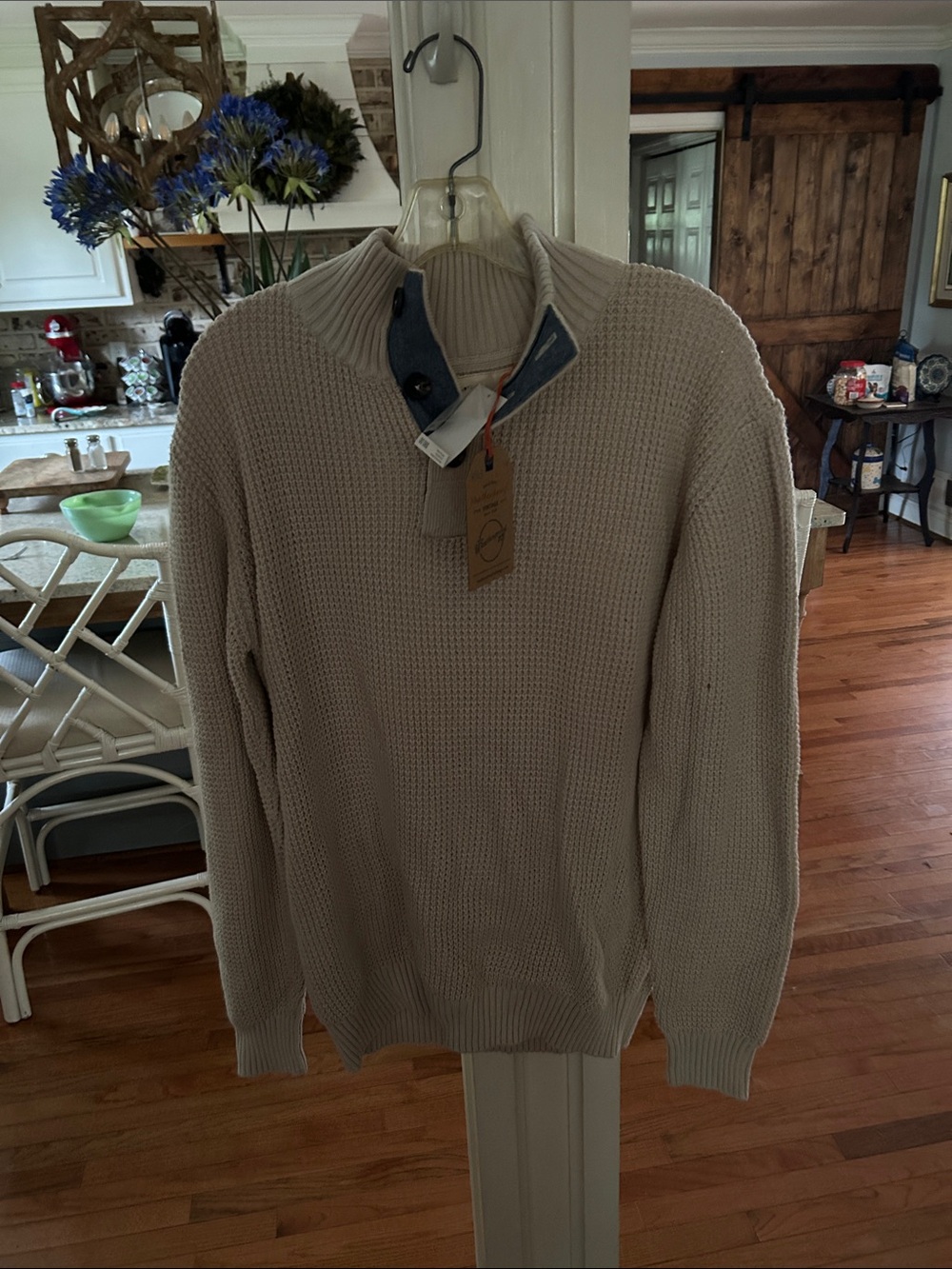 Men's Cream Turtleneck Sweater with Button Collar